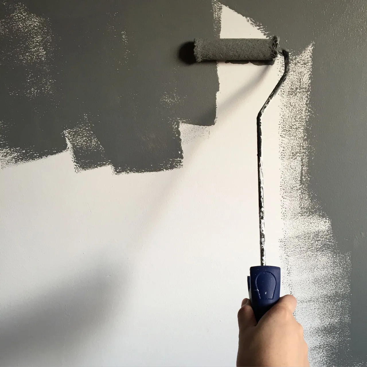 Themenbild: Eine Farbrolle trägt graue Farbe auf eine helle Wand auf.